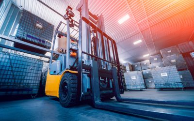 Forklift loader. Pallet stacker truck equipment at warehouse. Background